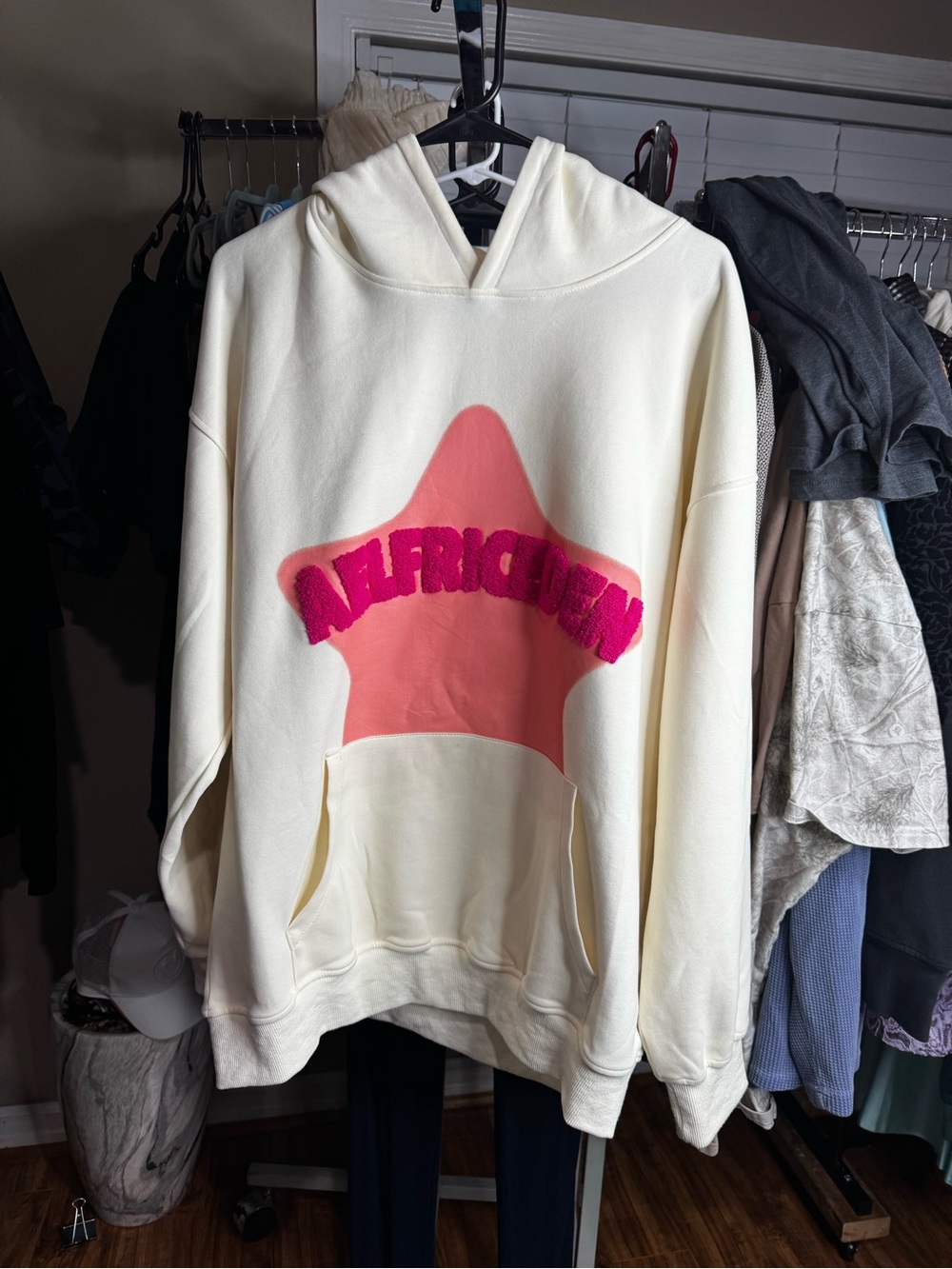 Aelfric Eden Cream Hoodie with Pink Star and Magenta Logo